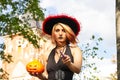 Witch magic wand spell  magical  jack-o-lantern expression costume Royalty Free Stock Photo