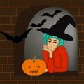 witch misses the window with pumpkin and bats