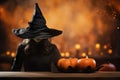 Witch, mystical light. Copy space for your text. Halloween background with empty space. Happy Halloween. Generative AI.