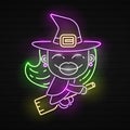 Witch neon sign. Luminous signboard with sorceress. Night bright advertisement. Vector illustration in neon style for