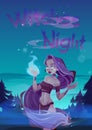 Witch night poster with spooky wizard girl