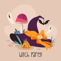 Witch party Halloween card, with witch\'s hat, ghost, mushroom and magic potion on beige background. Holiday cute illustration Goo Royalty Free Stock Photo