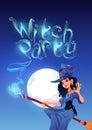 Witch Party Poster With Woman Flying On Broom