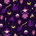 Witch pattern Magic seamless pattern. Halloween background in doodle Witches cat, broom, potion bottle, hat, hand