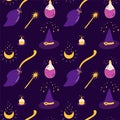 Witch pattern Magic witchcraft seamless pattern. Halloween background in broom, potion bottle, hat, magic wand, moon