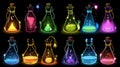 A witch poison UI game asset set includes alchemy apothecary vials, potion bottles with colorful glowing liquid, wooden Royalty Free Stock Photo