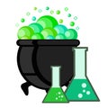 Witch pot of boiling green magic potion and test tubes for Halloween, vector illustration, eps 10 Royalty Free Stock Photo