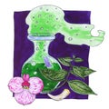 Witch potion flask full of green elixir with bubbles and smoke, magic plant and flower, fang or tooth as element of