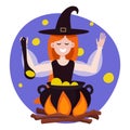 Witch is preparing a green potion in a cauldron.Vector illustration of a red-haired cute witch with a smile in a flat style.The Royalty Free Stock Photo