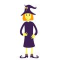 A witch in a purple dress and a hat with toadstools, shod in shoes. The Halloween character is smiling.