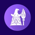 Witch purple flat design long shadow glyph icon. Wicked sorceress, hag with broomstick. Halloween costume. Evil old Royalty Free Stock Photo