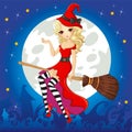 Witch In Red Dress Fly On Broom