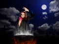 Witch with red potion and cauldron at night sky backgroun Royalty Free Stock Photo