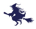 Witch riding broom semi flat color vector character