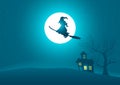 Witch riding a broomstick flying on scary house and tree with full moon as the background Royalty Free Stock Photo