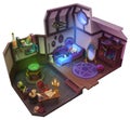 The witch room. Young witch and cute black cat. Cartoon illustration for halloween and games.