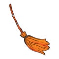 Witch s broom. Vector illustration of an isolated object on a white background.Old broom of witch in bright orange color. Simple Royalty Free Stock Photo