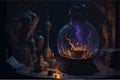 witch's cauldron bubbling with a magical potion, surrounded by flickering candles and spell books. The room is Royalty Free Stock Photo