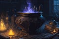 witch's cauldron bubbling with a magical potion, surrounded by flickering candles and spell books. The room is Royalty Free Stock Photo