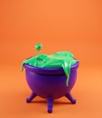 Witch`s cauldron with green liquid, 3d render. Witch`s brew, green slime flows out of the cauldron. Halloween banner