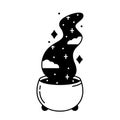 Witch`s cauldron with space potion. Black illustration of magic, witchcraft, other world. Graphic cutout silhouette of pot with Royalty Free Stock Photo