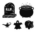 A witch`s cauldron, a tombstone, a ghost, a gin lamp.Black and white magic set collection icons in black style vector Royalty Free Stock Photo