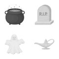 A witch`s cauldron, a tombstone, a ghost, a gin lamp.Black and white magic set collection icons in monochrome style Royalty Free Stock Photo