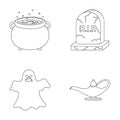 A witch`s cauldron, a tombstone, a ghost, a gin lamp.Black and white magic set collection icons in outline style vector Royalty Free Stock Photo