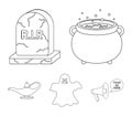 A witch`s cauldron, a tombstone, a ghost, a gin lamp.Black and white magic set collection icons in outline style vector Royalty Free Stock Photo