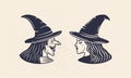 Witch\'s characters set. Old scary witch and young cute witch vintage icons.