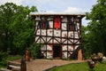 THALE, SAXONY-ANHALT, GERMANY - MAY 24, 2019: Witch`s cottage upside down at the Hexentanzplatz, Witches` Dance Floor.