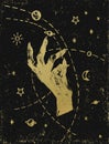 Witch`s hand with cosmos illustration, gold on black textured ba