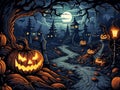 A witch\'s house in a scary gloomy dark forest with trees and Halloween pumpkins, against the background of the night sky Royalty Free Stock Photo