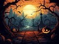 A witch\'s house in a scary gloomy dark forest with trees and Halloween pumpkins, against the background of the night sky Royalty Free Stock Photo