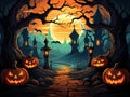 A witch\'s house in a scary gloomy dark forest with trees and Halloween pumpkins, against the background of the night sky Royalty Free Stock Photo