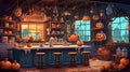 witch\'s kitchen, stylized room with herbs and mixes, halloween night, illustration, pictures.
