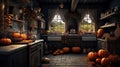 witch\'s kitchen, stylized room with herbs and mixes, halloween night, illustration, pictures.