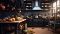 witch\'s kitchen, stylized room with herbs and mixes, halloween night, illustration, pictures.