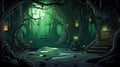 witch's lair hidden deep within a haunted forest. 2d cartoon illustration, generative ai