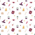 Witch seamless pattern with esoteric tools for fabric Royalty Free Stock Photo