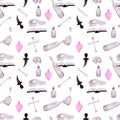 Witch seamless pattern. Skulls, bones, flasks and potions, a book, a dagger, a love potion. Witchcraft rituals. Halloween wrapping