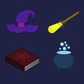 Witch set invatar and accessories cap book broom and boiler flash painted isolated vector Royalty Free Stock Photo