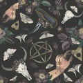 Witch set, seamless pattern. Black moths, hand, pentagram, witch hat, ouija planchette and dark flowers