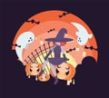 The witch sits on a pumpkin around which ghosts and bats fly