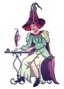Witch sits at the table and writes a letter with pen and ink. Royalty Free Stock Photo