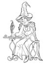 Witch sits at the table and writes a letter with pen and ink.