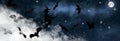 The witch sitting on the broom flyes through clouds up above the sky with Moon and stars shining on it. Old hag