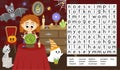 Witch. Soothsayer. Halloween word search game puzzle for kids. Cartoon, vector