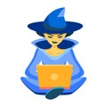 IT witch. The sorceress works on the laptop in a suit of the sorceress. Congratulations on Halloween for co-writers, programmers, Royalty Free Stock Photo