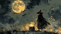 A witch stirring a bubbling cauldron under a full moon Royalty Free Stock Photo
